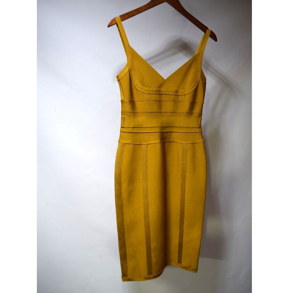 House of CB London Mustard Gold Bandage Bodycon Midi Dress Medium